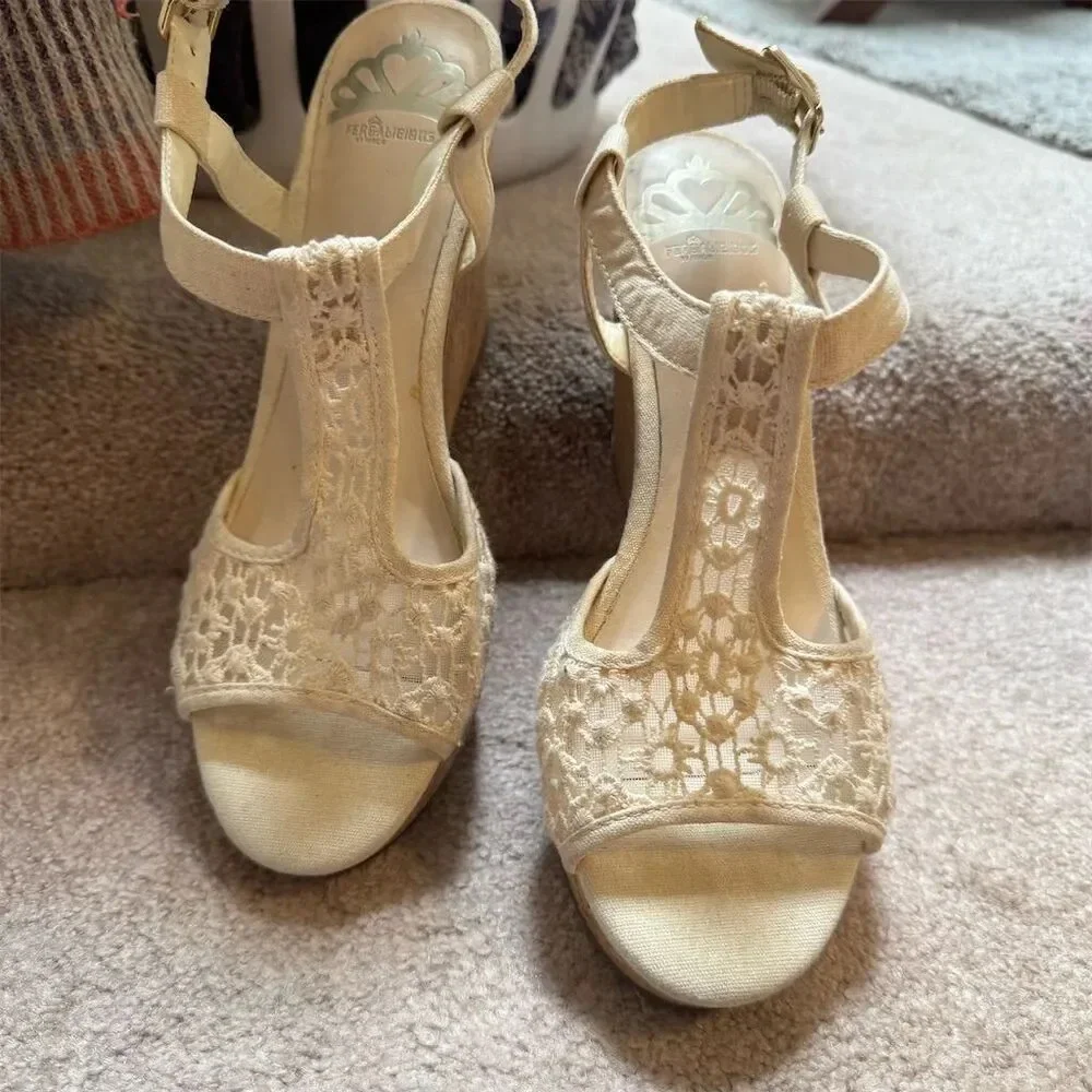 Fergalicious “Lacey” floral lace/ mesh open tie cork wedges beige/tan size 8
